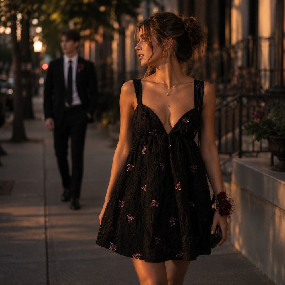 Love & Lemons Medium Black‎ Sequin Floral Babydoll Mini Dress Whimsigoth Fairy